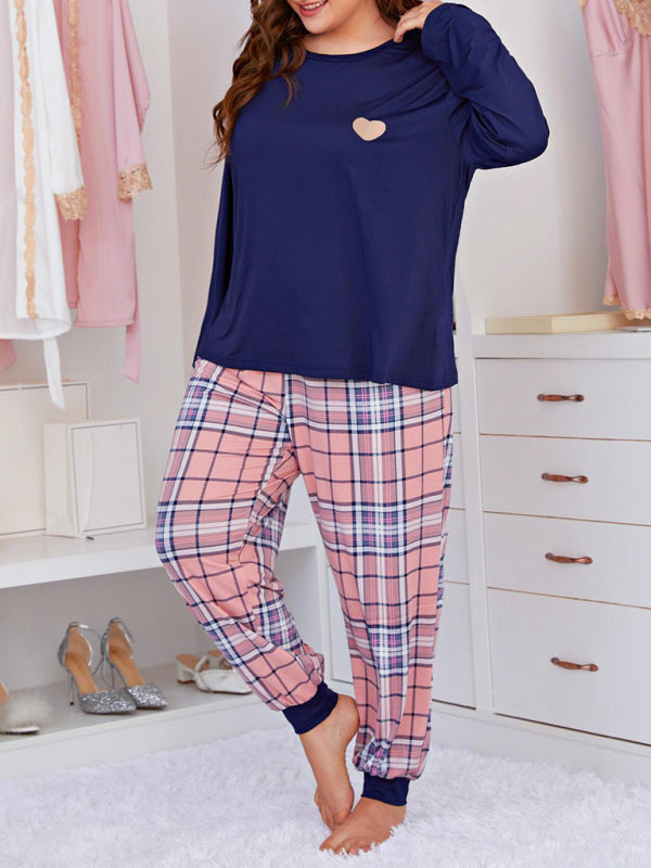 Plus Size Women's Long Sleeve Plaid Trousers Home Pajamas Set