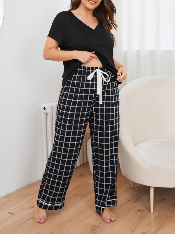 Plus size women's V-neck short-sleeved T-shirt plaid trousers home pajamas set