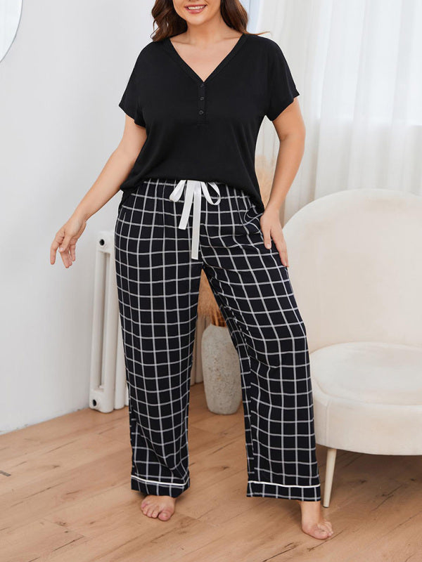 Plus size women's V-neck short-sleeved T-shirt plaid trousers home pajamas set