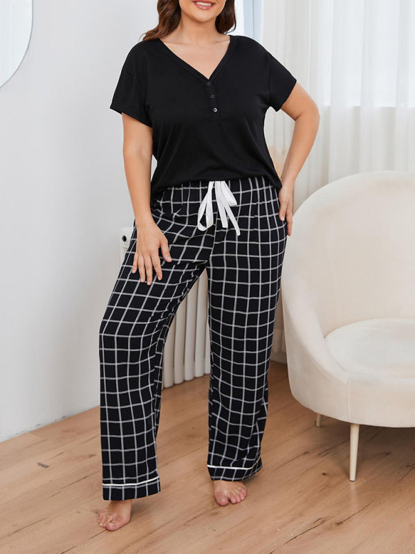 Plus size women's V-neck short-sleeved T-shirt plaid trousers home pajamas set