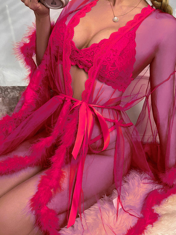 Women's sexy see-through mesh feather nightgown