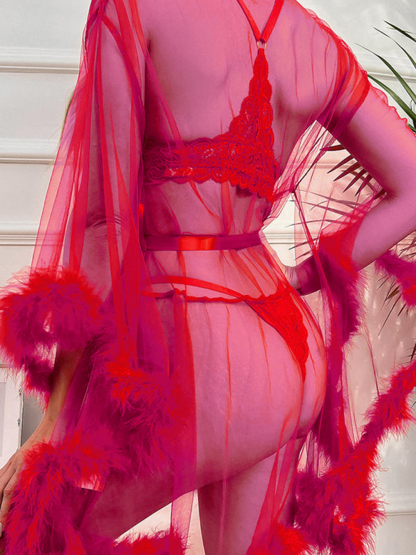 Women's sexy see-through mesh feather nightgown