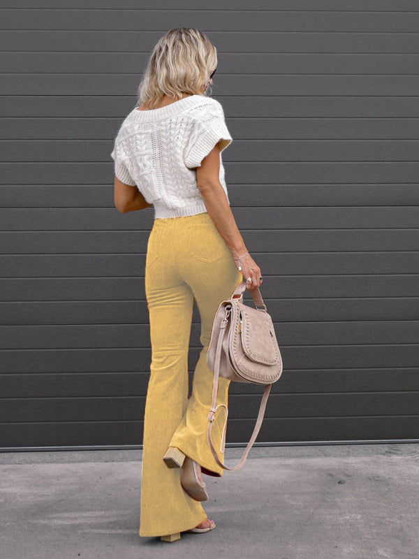 Solid Color High Waist Slim Flared Pants Corduroy High Waist Casual Pants