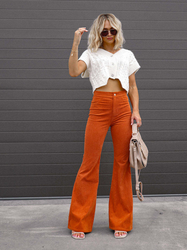 Solid Color High Waist Slim Flared Pants Corduroy High Waist Casual Pants