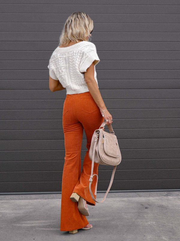 Solid Color High Waist Slim Flared Pants Corduroy High Waist Casual Pants