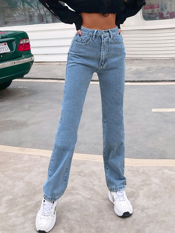 Women's high waist all-match denim straight-leg trousers