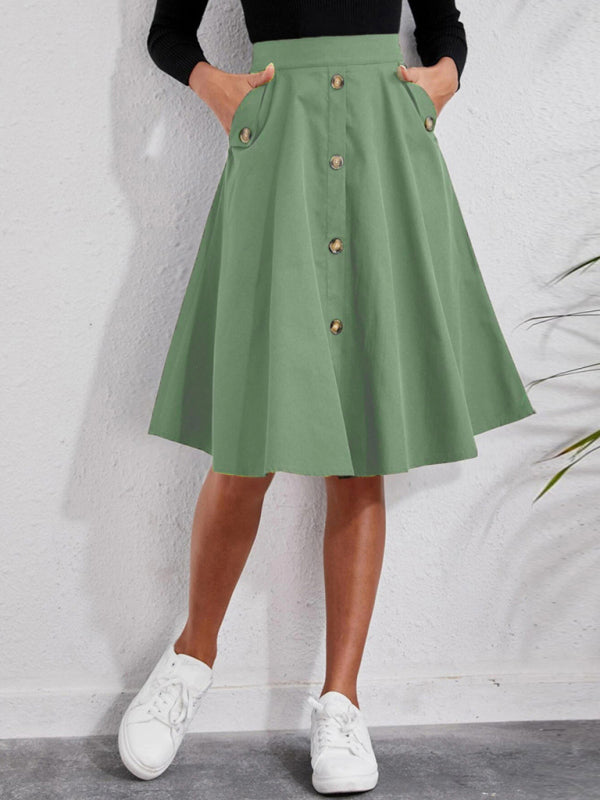 Women's Pocket Button Elegant Midi Skirt