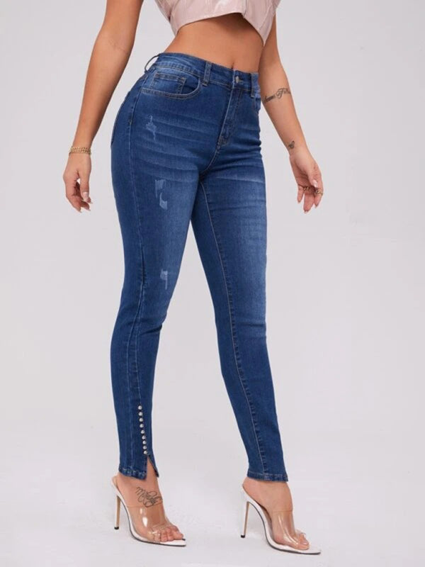 Slit Beaded Stitching Slim High Waist Stretch Jeans Women's Trousers
