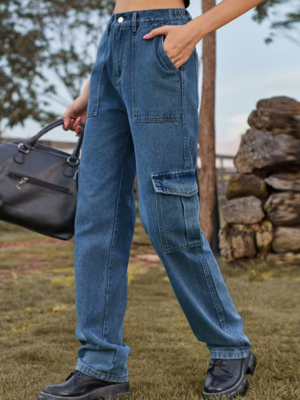 New Washed Semi Elastic Design Personalized Denim Workwear Casual Pants