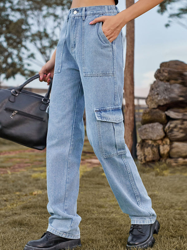 New Washed Semi Elastic Design Personalized Denim Workwear Casual Pants