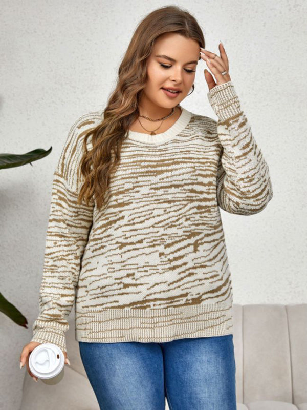 New plus size women's autumn and winter round neck striped thick pullover sweater