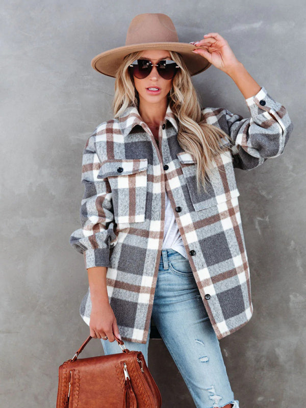 Women's Autumn and Winter Plaid Brushed Lapel Jacket