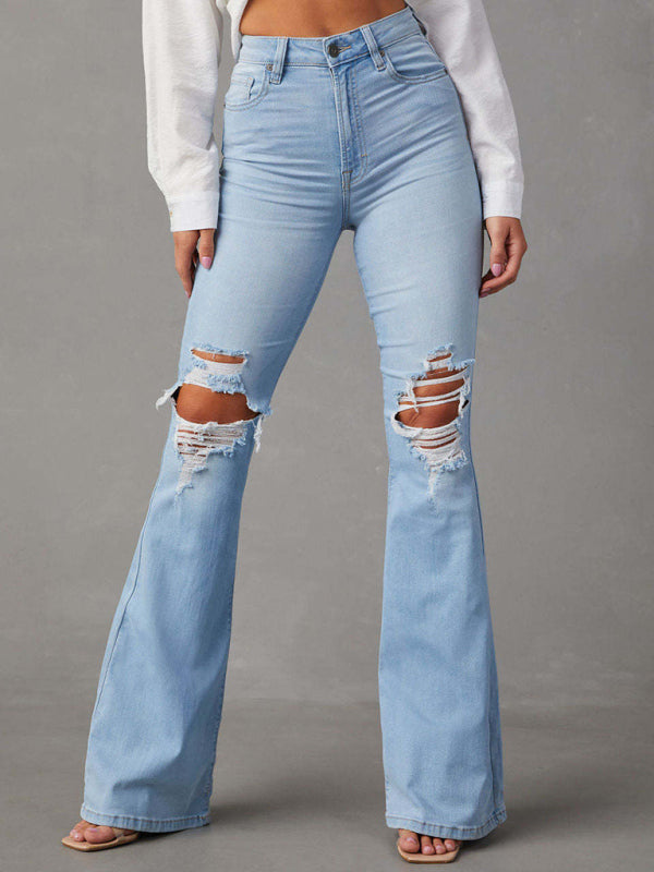 Women's washed ripped high-waisted denim wide-leg trousers