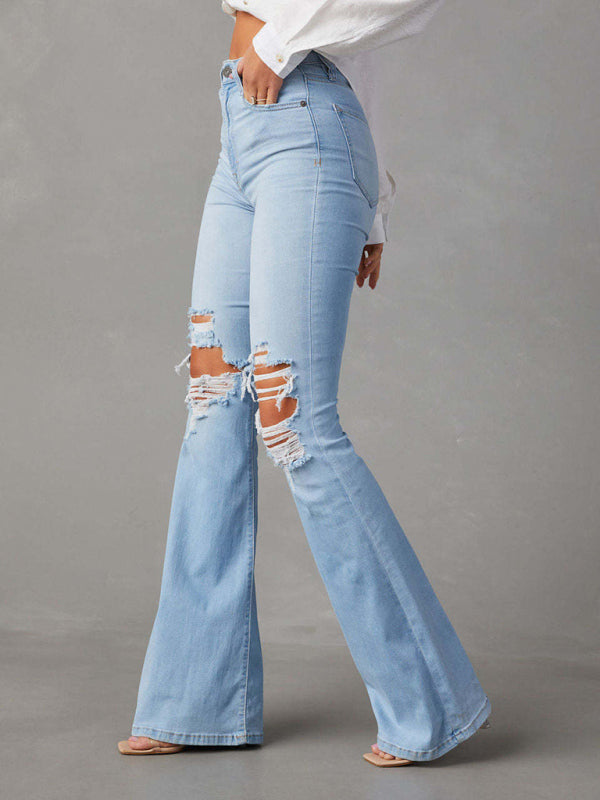 Women's washed ripped high-waisted denim wide-leg trousers