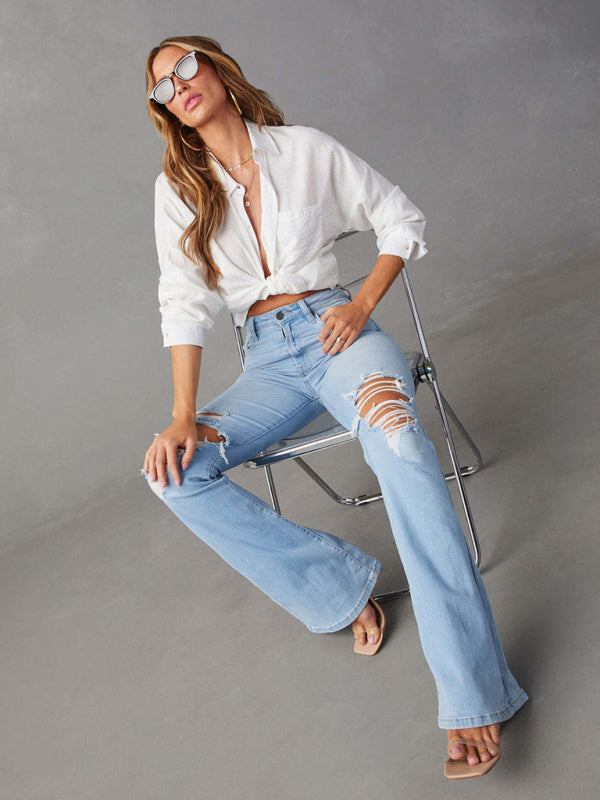 Women's washed ripped high-waisted denim wide-leg trousers