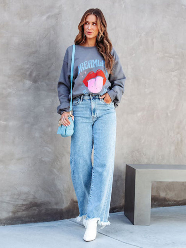 Ladies Loose Casual Fashion Simple Tassel Straight Jeans