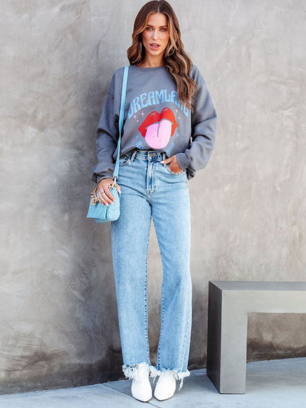 Ladies Loose Casual Fashion Simple Tassel Straight Jeans