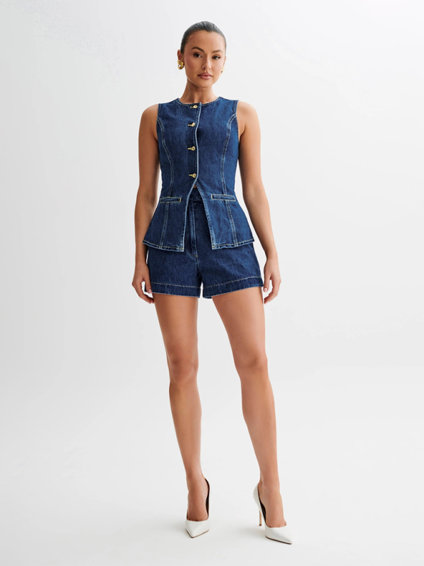 Women's Fashion Casual Sleeveless High Waist Denim Shorts Set