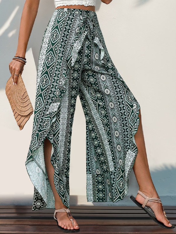 New arrival printed ruffled wide-leg trousers with slits