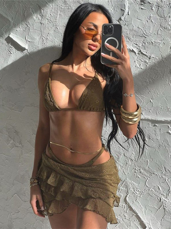 Ladies new fashion hot girl suspenders lace sexy panties hip skirt three piece suit