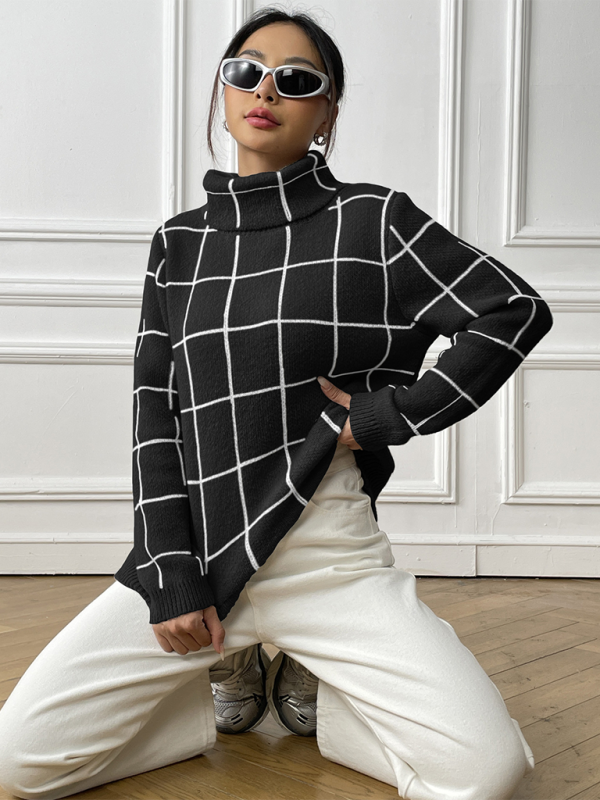 Contrast Plaid Turtleneck Sweater Top