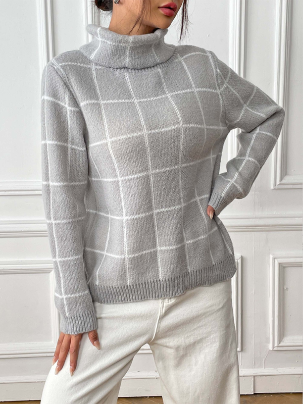 Contrast Plaid Turtleneck Sweater Top