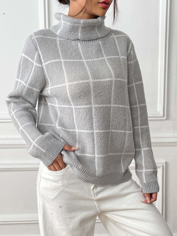 Contrast Plaid Turtleneck Sweater Top