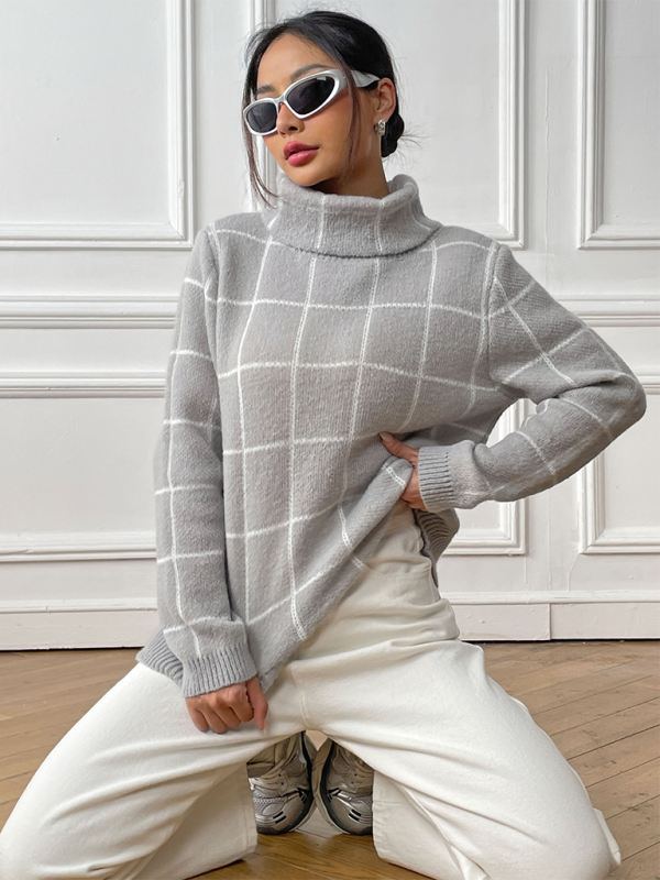 Contrast Plaid Turtleneck Sweater Top