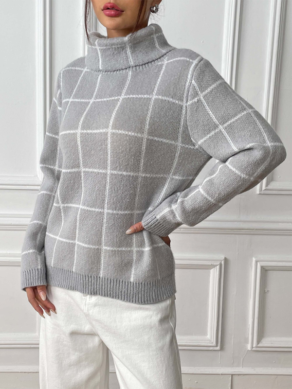 Contrast Plaid Turtleneck Sweater Top
