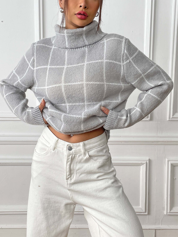 Contrast Plaid Turtleneck Sweater Top