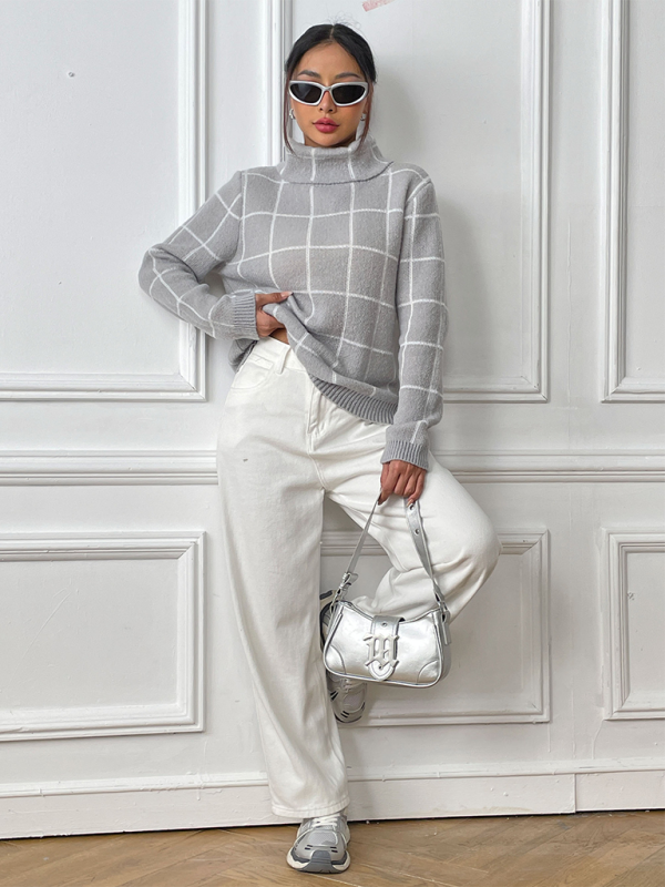 Contrast Plaid Turtleneck Sweater Top