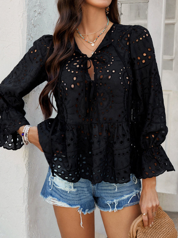 Vacation Loose Lace-up Cardigan Solid Color Hollow Top