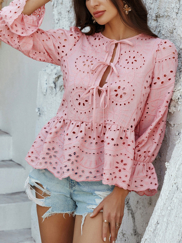 Vacation Loose Lace-up Cardigan Solid Color Hollow Top