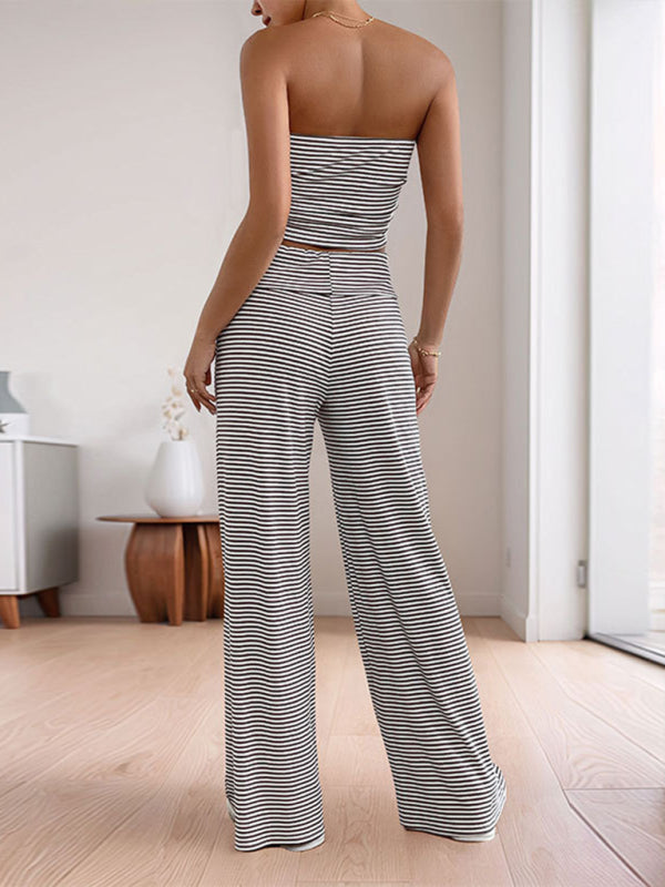 Navel-baring tube top short striped two-piece casual home long pants suit
