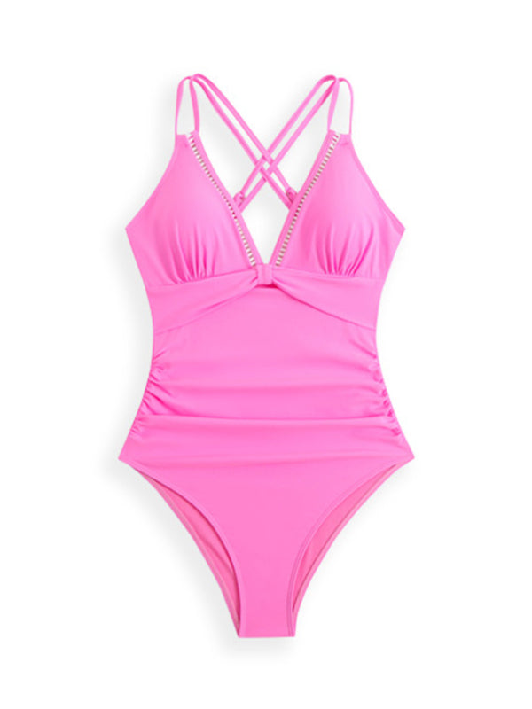 New solid color sling hollow one-piece swimsuit