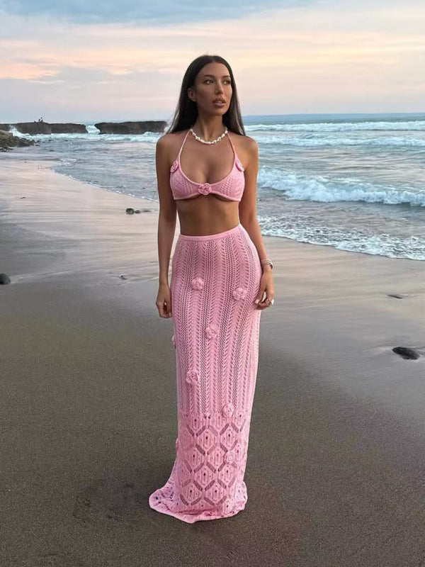 Beach vacation bikini two-piece set flower strappy long skirt hand-crocheted flower set