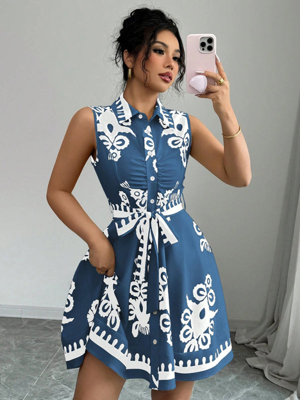 Women's Fashion Printed Waist Tie Sleeveless Dress