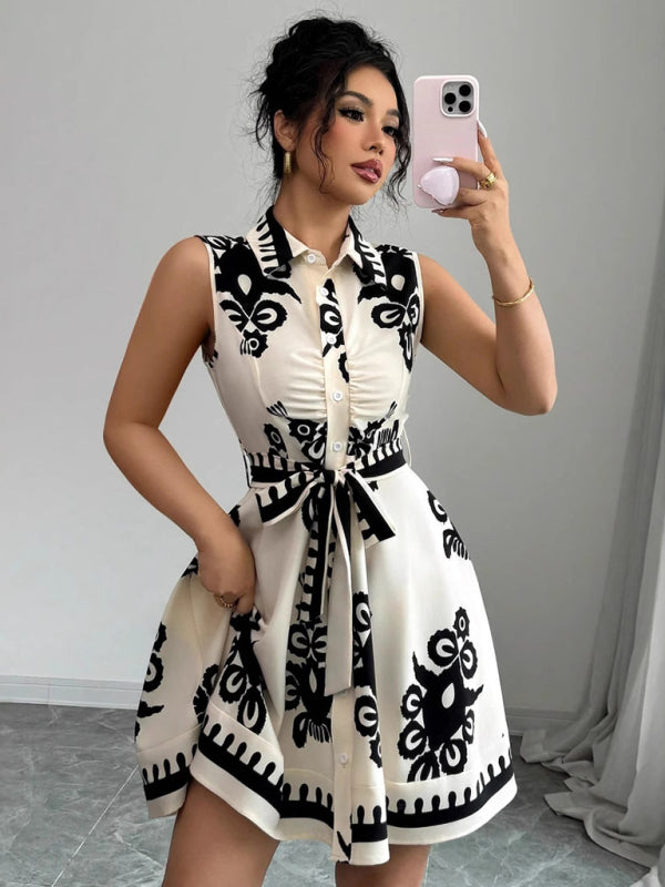 Women's Fashion Printed Waist Tie Sleeveless Dress