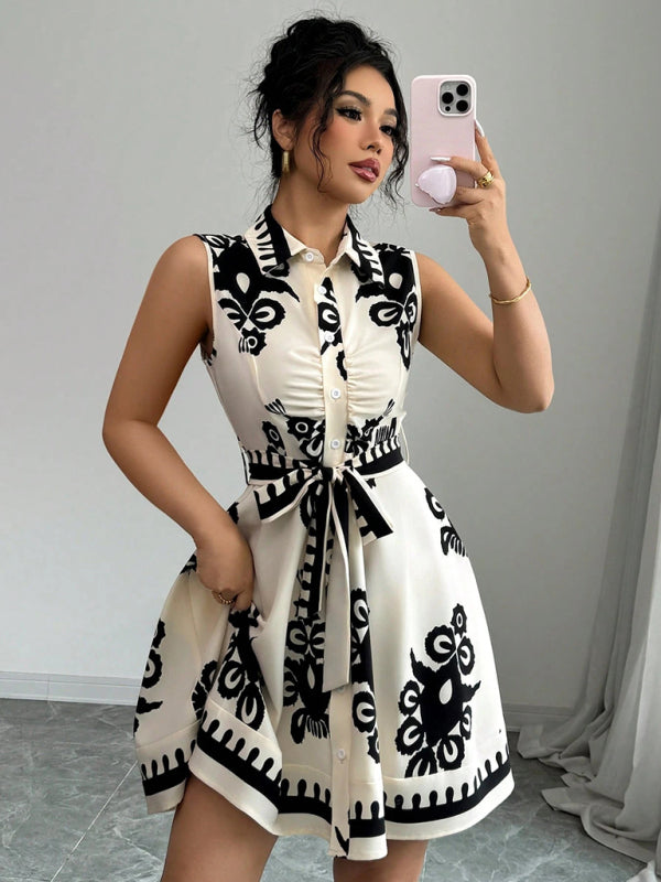 Women's Fashion Printed Waist Tie Sleeveless Dress