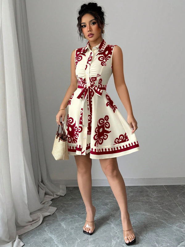 Women's Fashion Printed Waist Tie Sleeveless Dress