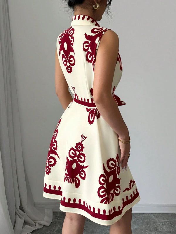 Women's Fashion Printed Waist Tie Sleeveless Dress