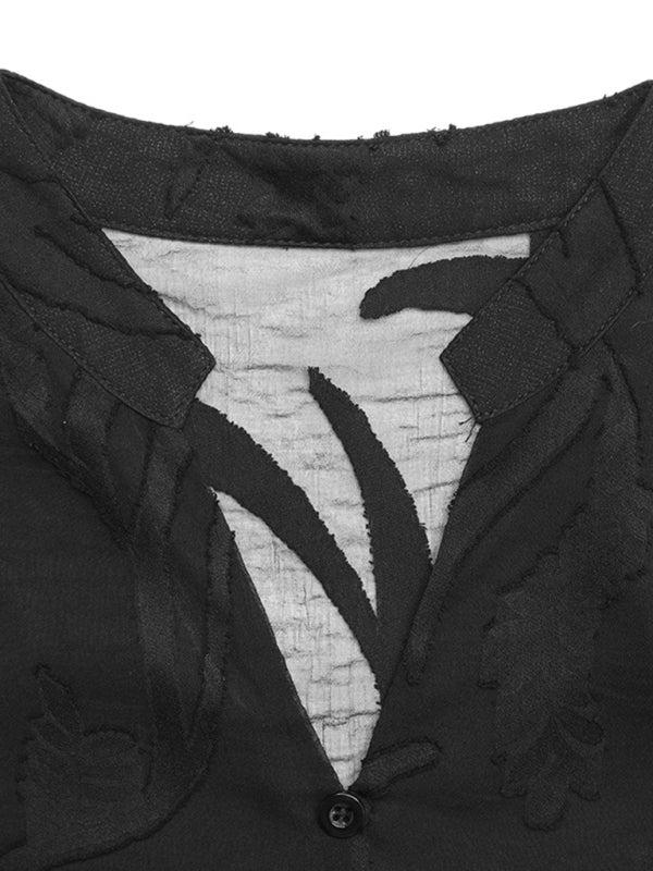 Sexy and elegant lace stitching stand collar puff sleeve solid color shirt