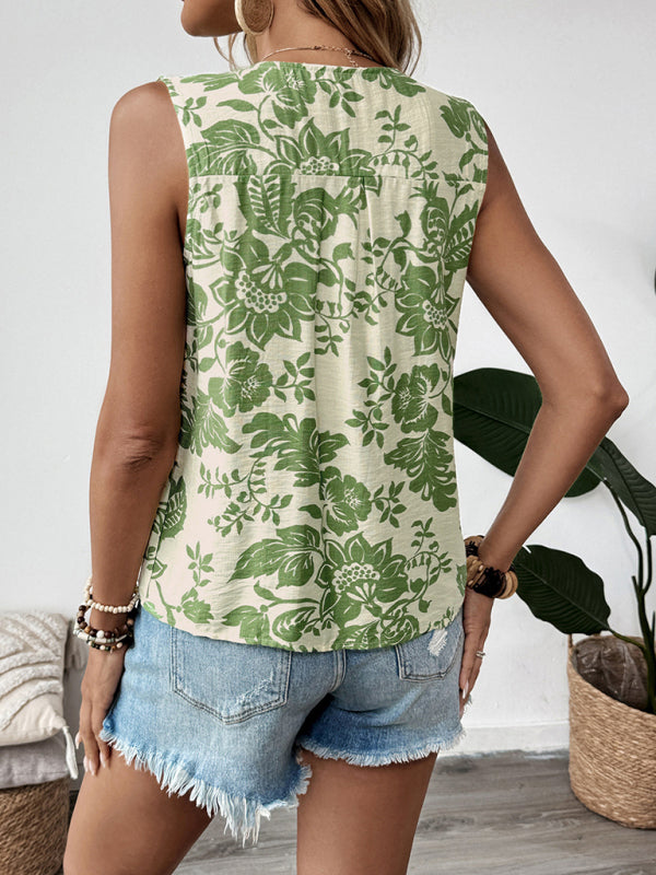 Printed Pleated Lace-Up Sleeveless Shirt