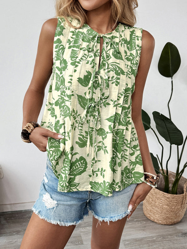 Printed Pleated Lace-Up Sleeveless Shirt