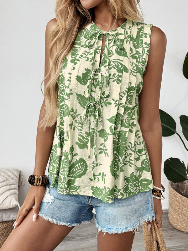 Printed Pleated Lace-Up Sleeveless Shirt