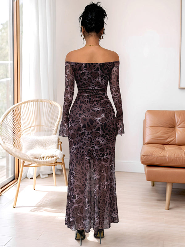 New Party Elegant Retro Style Off-shoulder Long Sleeve Mesh Leopard Print Dress