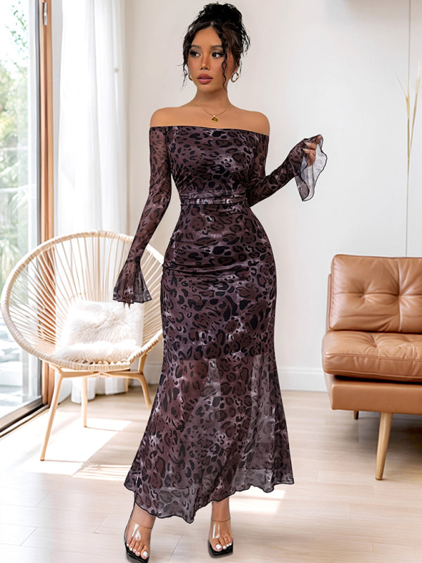 New Party Elegant Retro Style Off-shoulder Long Sleeve Mesh Leopard Print Dress