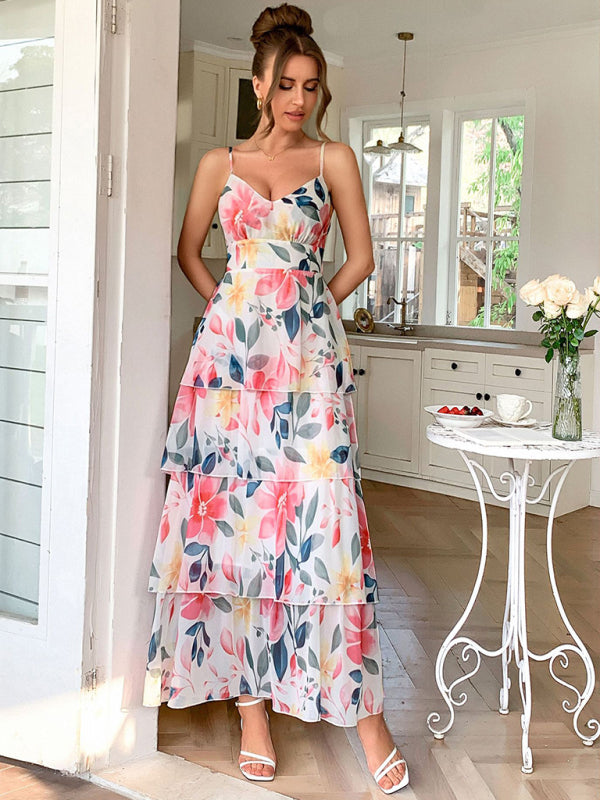 Elegant style suspender printed layered dress