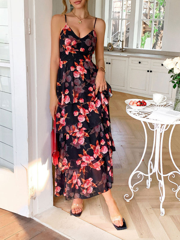 Elegant style sling black bottom pink flower melaleuca dress