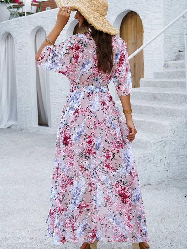 Holiday pink printed tie maxi dress